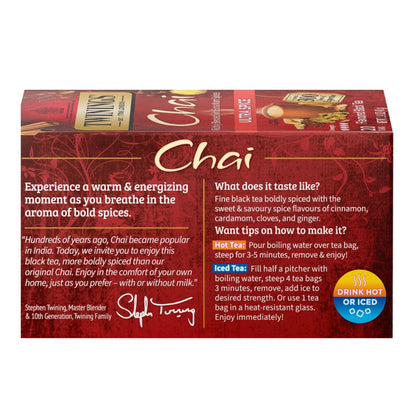 Side view of a dark red box of Twinings Chai featuring product and branding information.