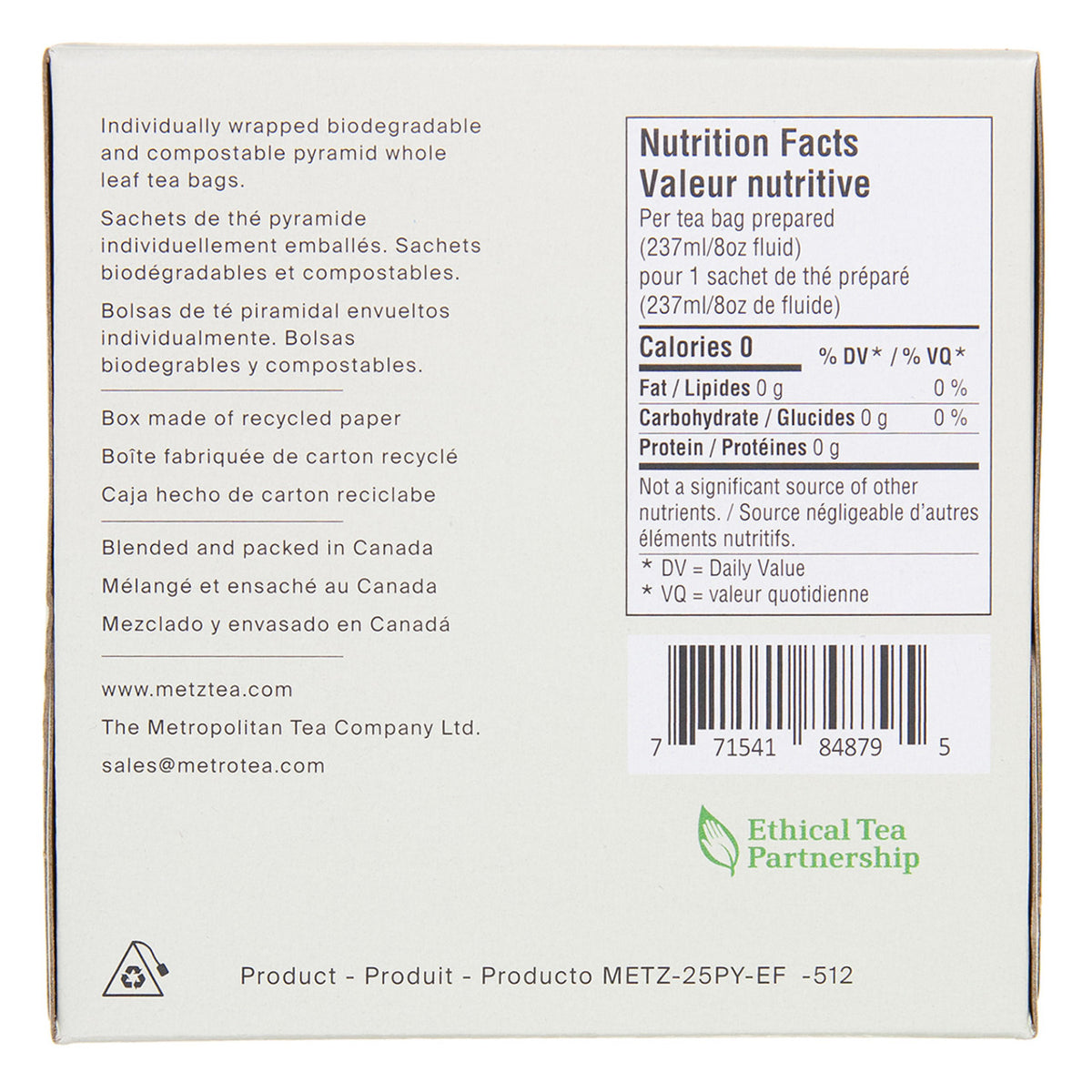 Side view of a box of Metz tea featuring nutrition facts.