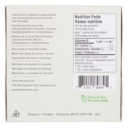 Side view of a box of Metz tea featuring nutrition facts.