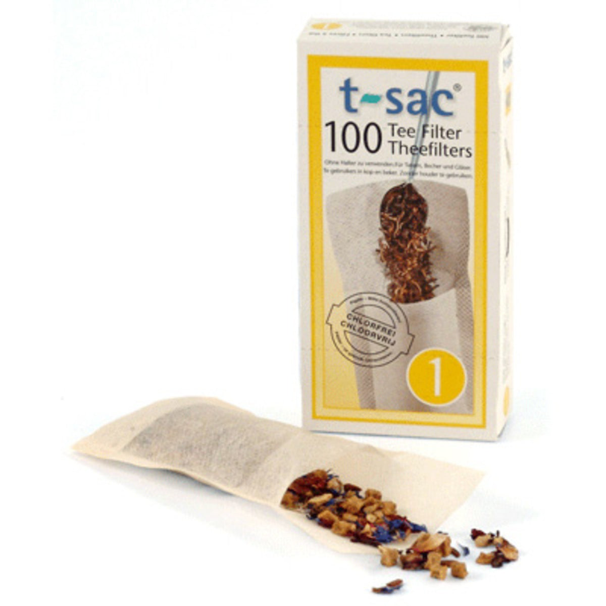 Box of t-sac tea filters with a single filter showing tea leaves on a white background