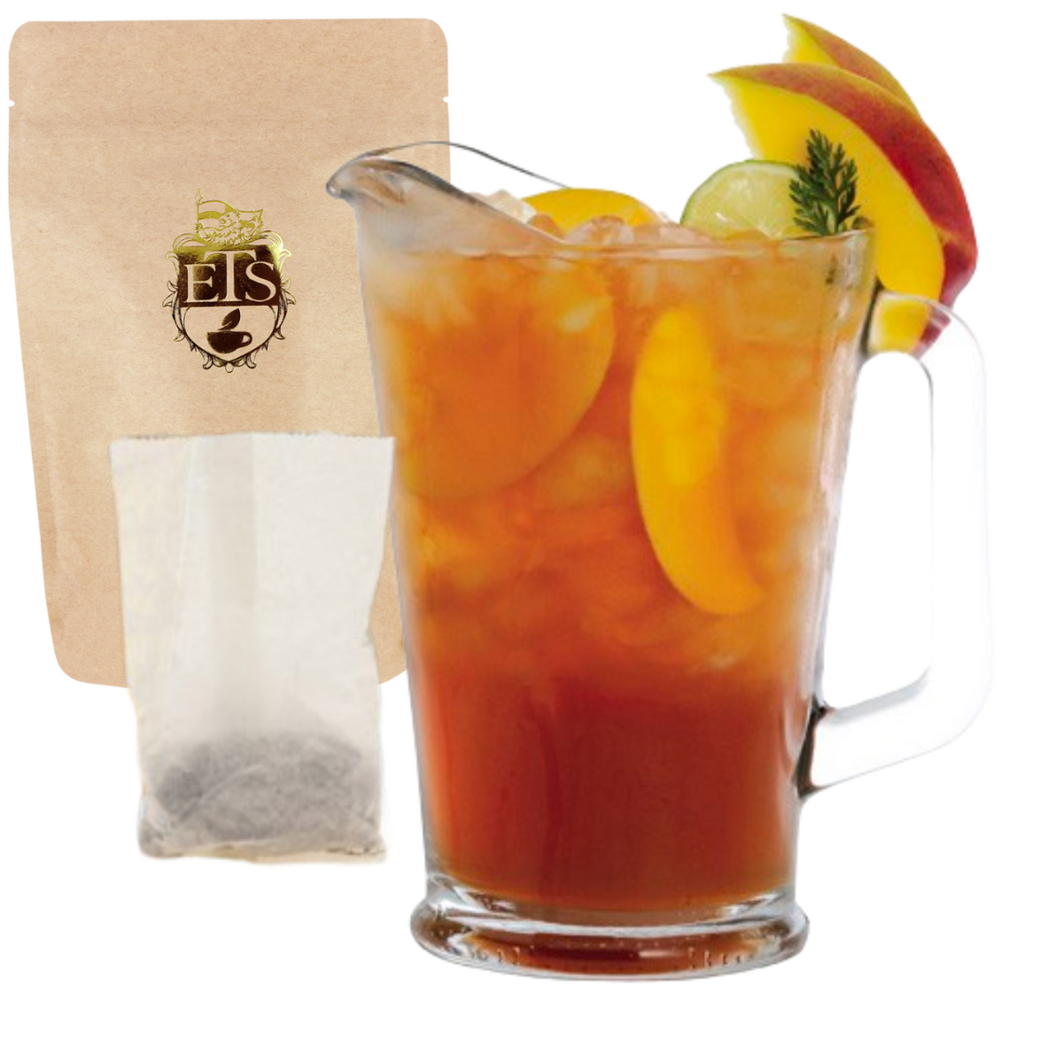 Class pitcher of peach colored Iced tea with peach slices and a tea bag in front of a branded package on a white background