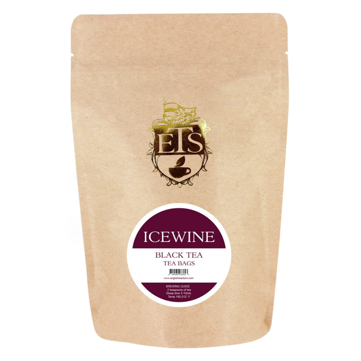 A pouch of Icewine flavored black tea bags from English Tea Store with branding and product name visible.
