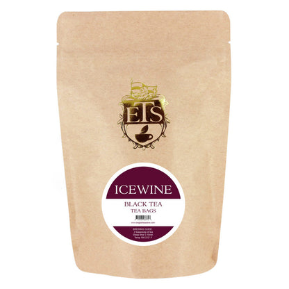 A pouch of Icewine flavored black tea bags from English Tea Store with branding and product name visible.