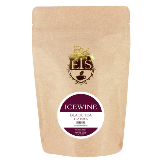 A pouch of Icewine flavored black tea bags from English Tea Store with branding and product name visible.