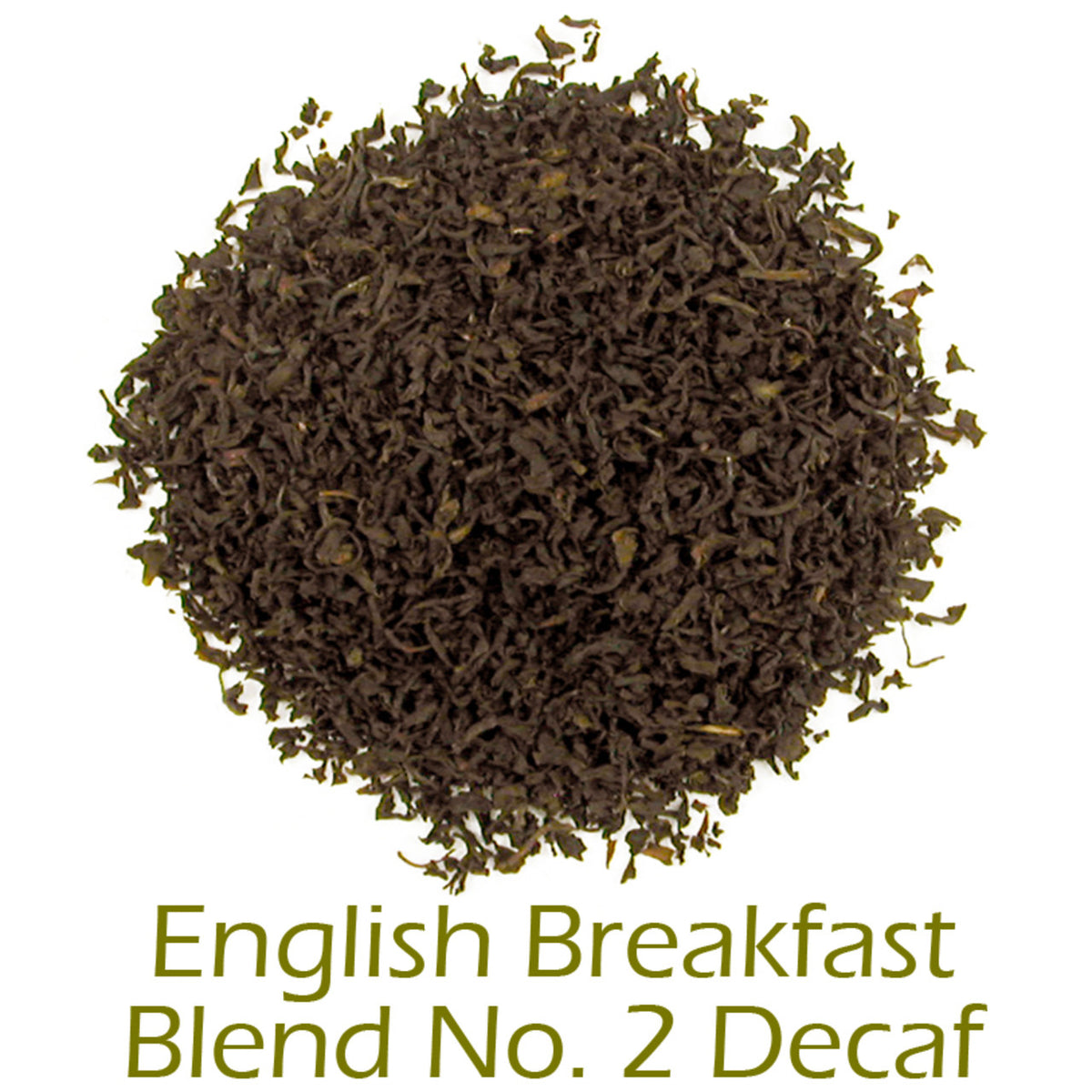 English Breakfast Blend No. 2 decaf loose-leaf tea in a circular pattern on a white background with product name callout at the bottom