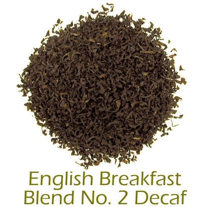 English Breakfast Blend No. 2 decaf loose-leaf tea in a circular pattern on a white background with product name callout at the bottom