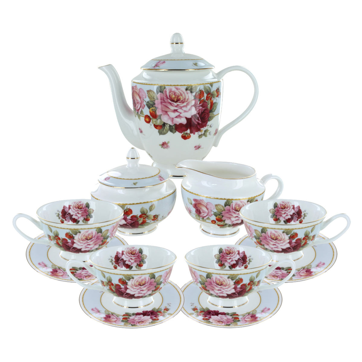 A bone china tea set with a floral pattern, including a teapot, cups, saucers, and decorative plates, predominantly white with blue bands and gold trim.