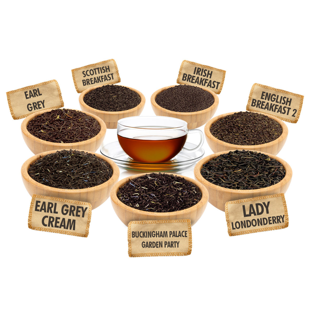 Assorted types of tea in wooden bowls with labels on a white background