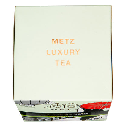 Top of a box of Metz tea featuring the text "Metz Luxury Tea"