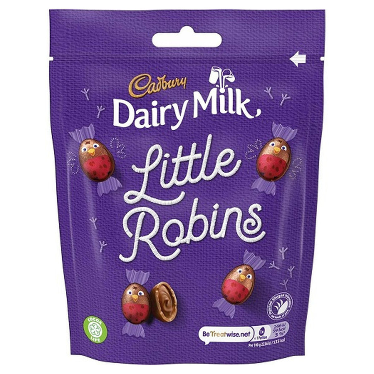Purple Cadbury Dairy Milk Little Robins chocolate packaging on a white background