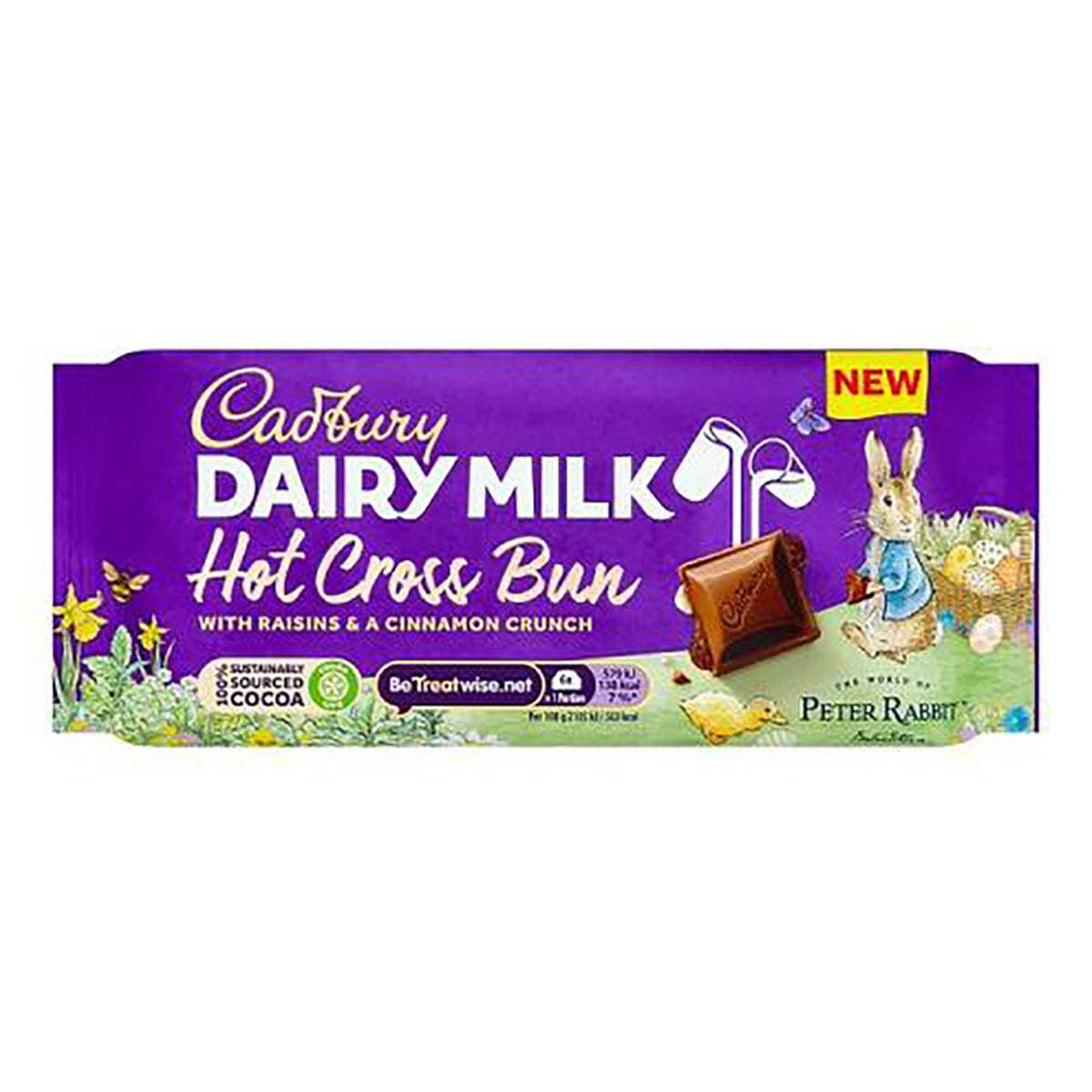 Cadbury Dairy Milk Hot Cross Bun chocolate bar packaging with Peter Rabbit design on a white background