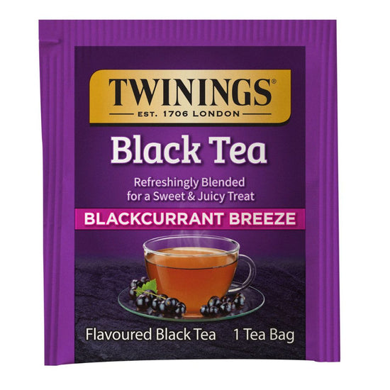 Twinings Blackcurrant Breeze black tea purple package on a white background