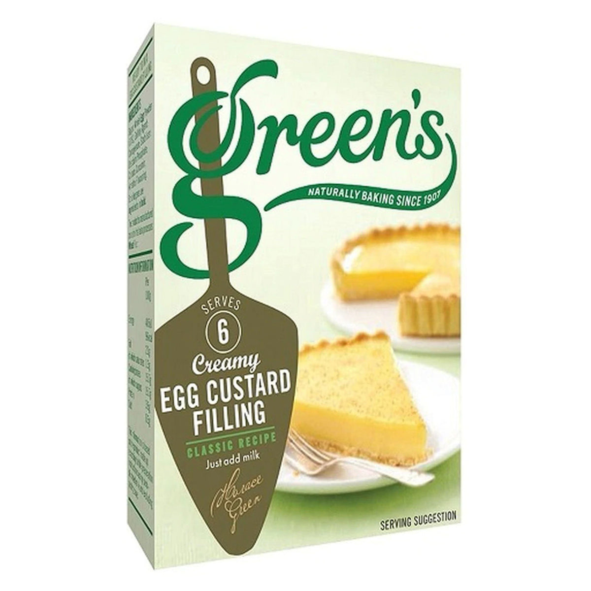 Box of Green's Creamy Egg Custard Filling with a picture of a pie on the label.