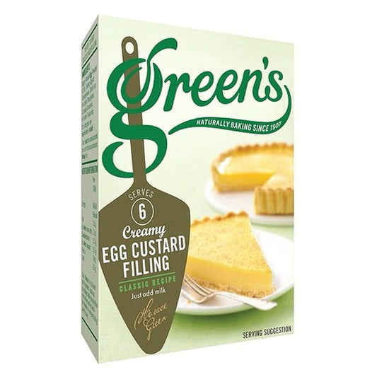 Box of Green's Creamy Egg Custard Filling with a picture of a pie on the label.