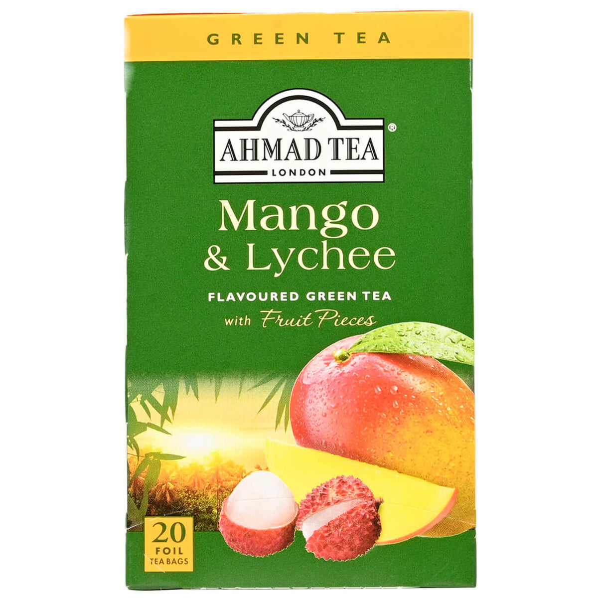 Green box of Ahmad Tea Mango and Lychee flavored green tea with images of a mango and lychee berries