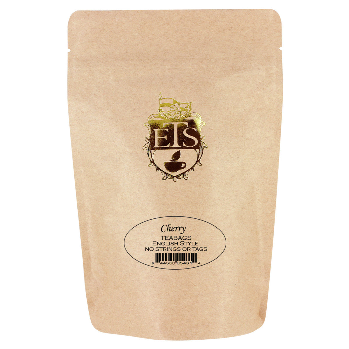 Kraft paper packaging of cherry teabags with ETS logo and text on a white background