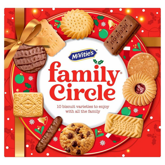 McVitie's Family Circle cookie box with various cookies on a red background