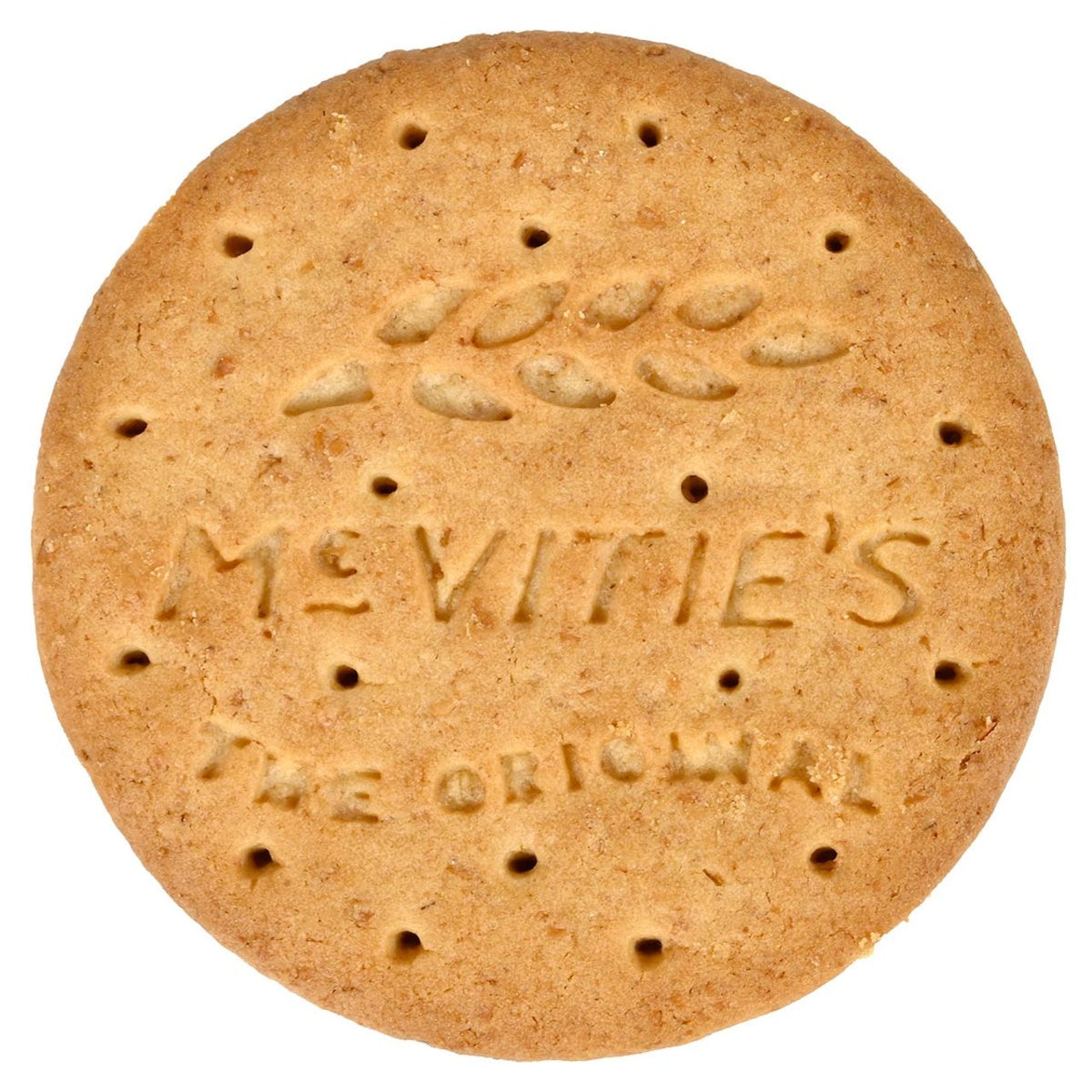 A close up of a McVitie's Digestive biscuit showing the indentation of the McVitie's name and the indentation for "The Original"