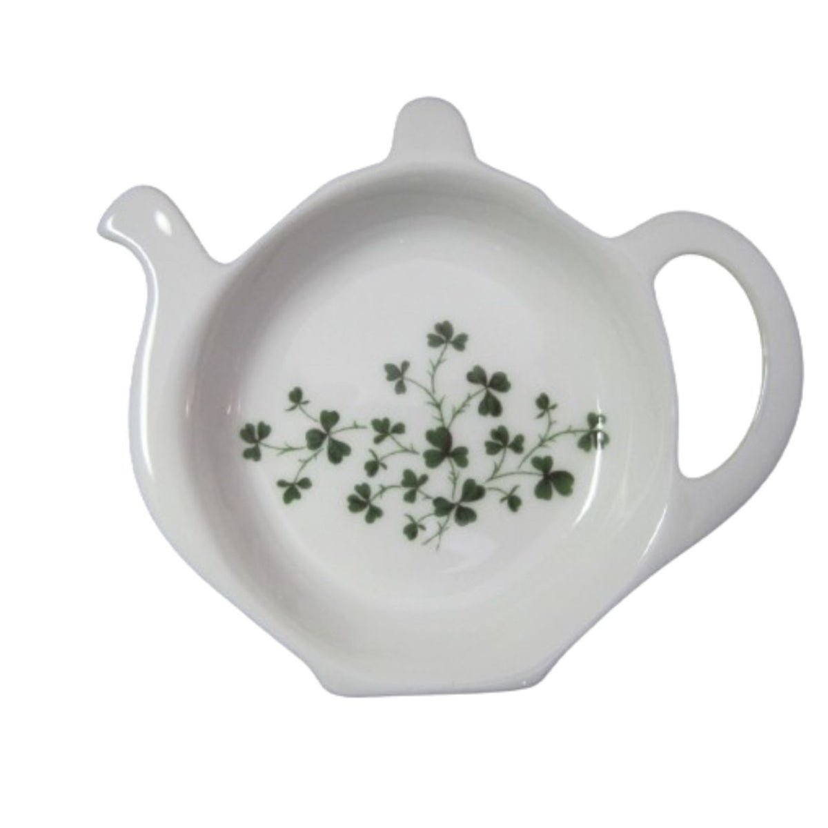 White ceramic teabag holder with green floral design on a white background