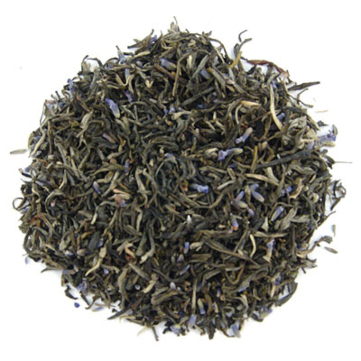 A pile of loose leaf green tea mixed with dried lavender petals.