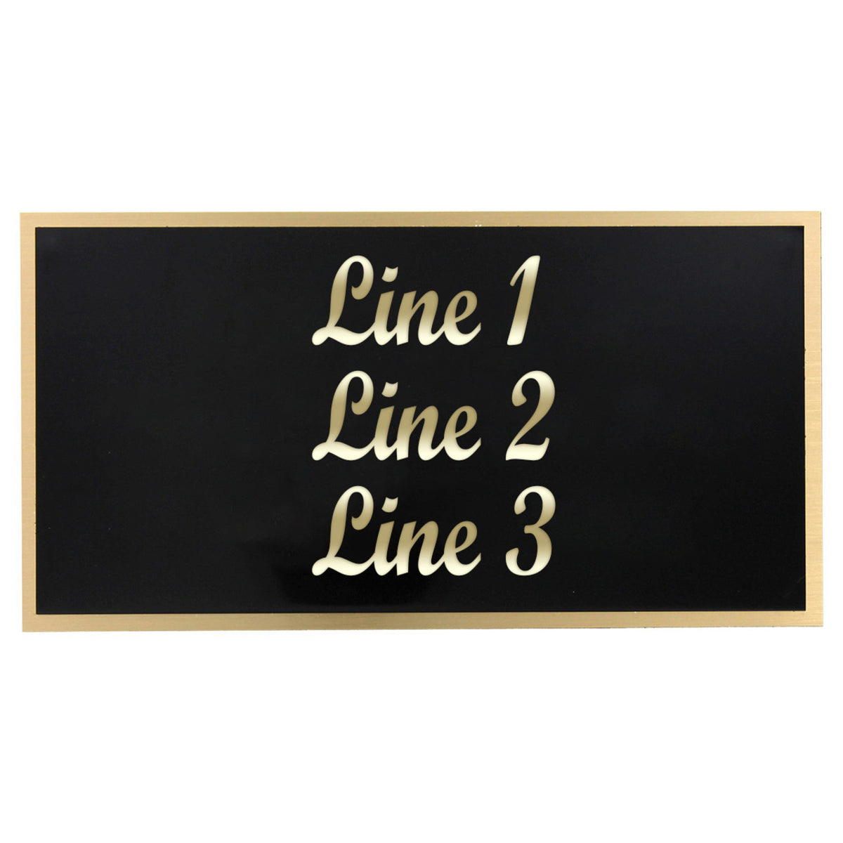 Black engraved plate with gold trim and cursive place holders for Line 1, Line 2, and Line 3
