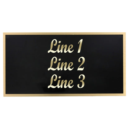 Black engraved plate with gold trim and cursive place holders for Line 1, Line 2, and Line 3