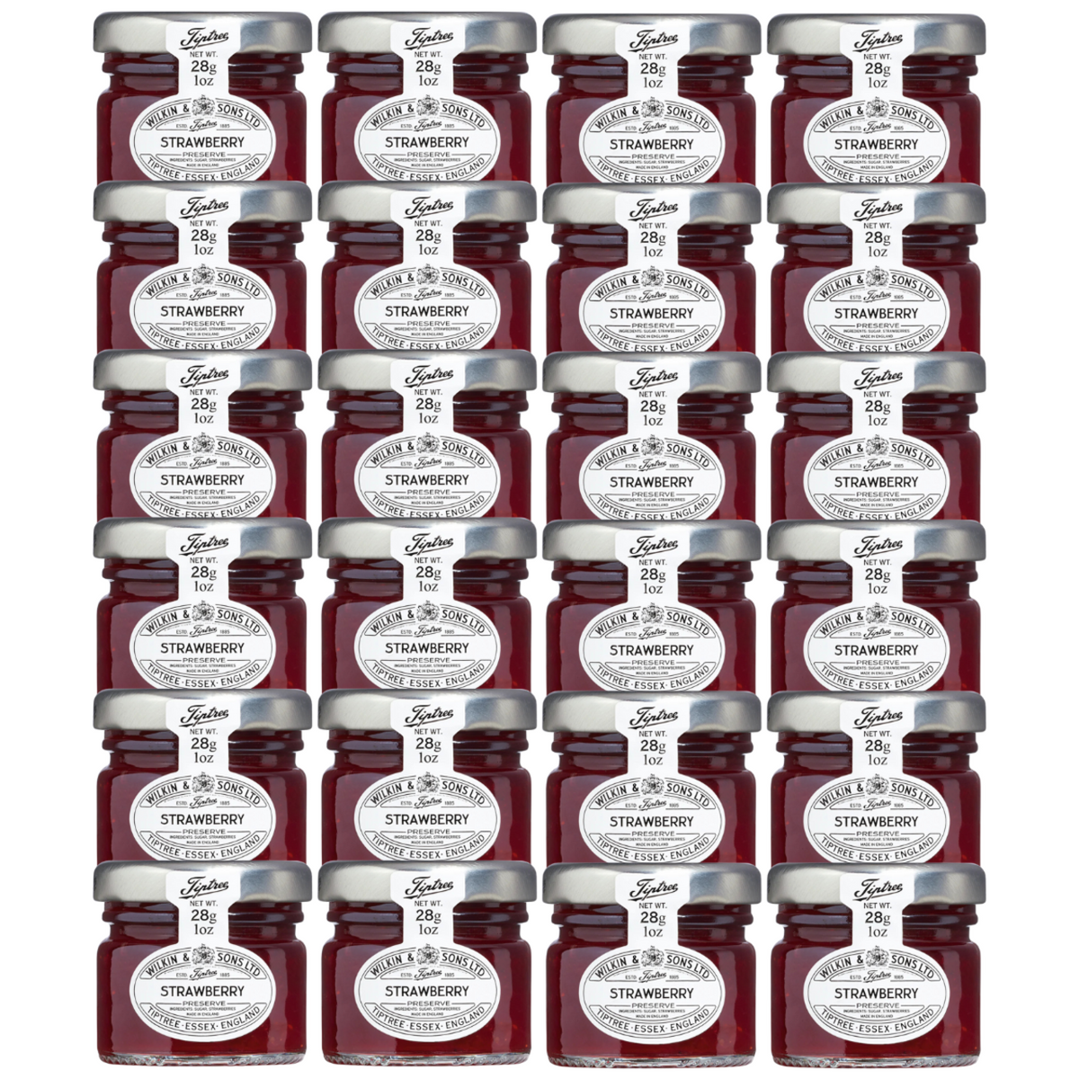 24 mini jars of Tiptree Strawberry Preserve, with a label indicating it is a product of Wilkin & Sons Ltd, Tiptree, Essex, England.
