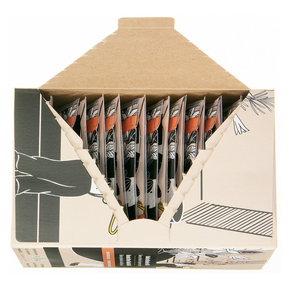 Box of tea packages with a decorative design on a white background