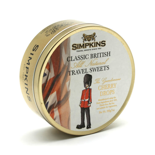 Simpkins travel sweets tin with Union Jack and guard illustration on a white background