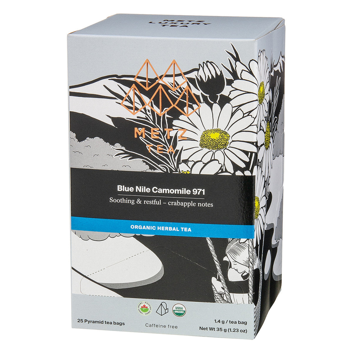 Box of Metz Blue Nile Camomile featuring artistic drawings of camomile flowers.