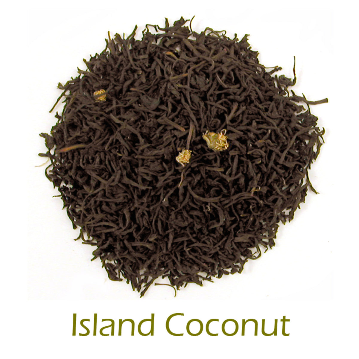 Island Coconut loose-leaf tea on a white background with product name caption