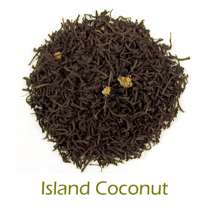 Island Coconut loose-leaf tea on a white background with product name caption