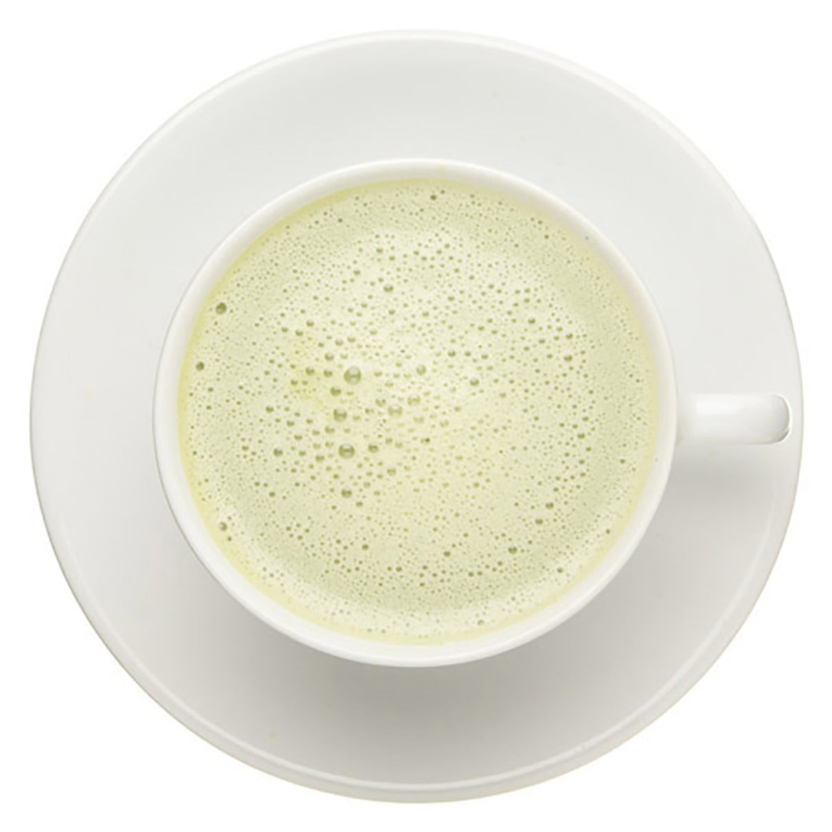 White cup with green tea vanilla matcha white foam layer on a white background