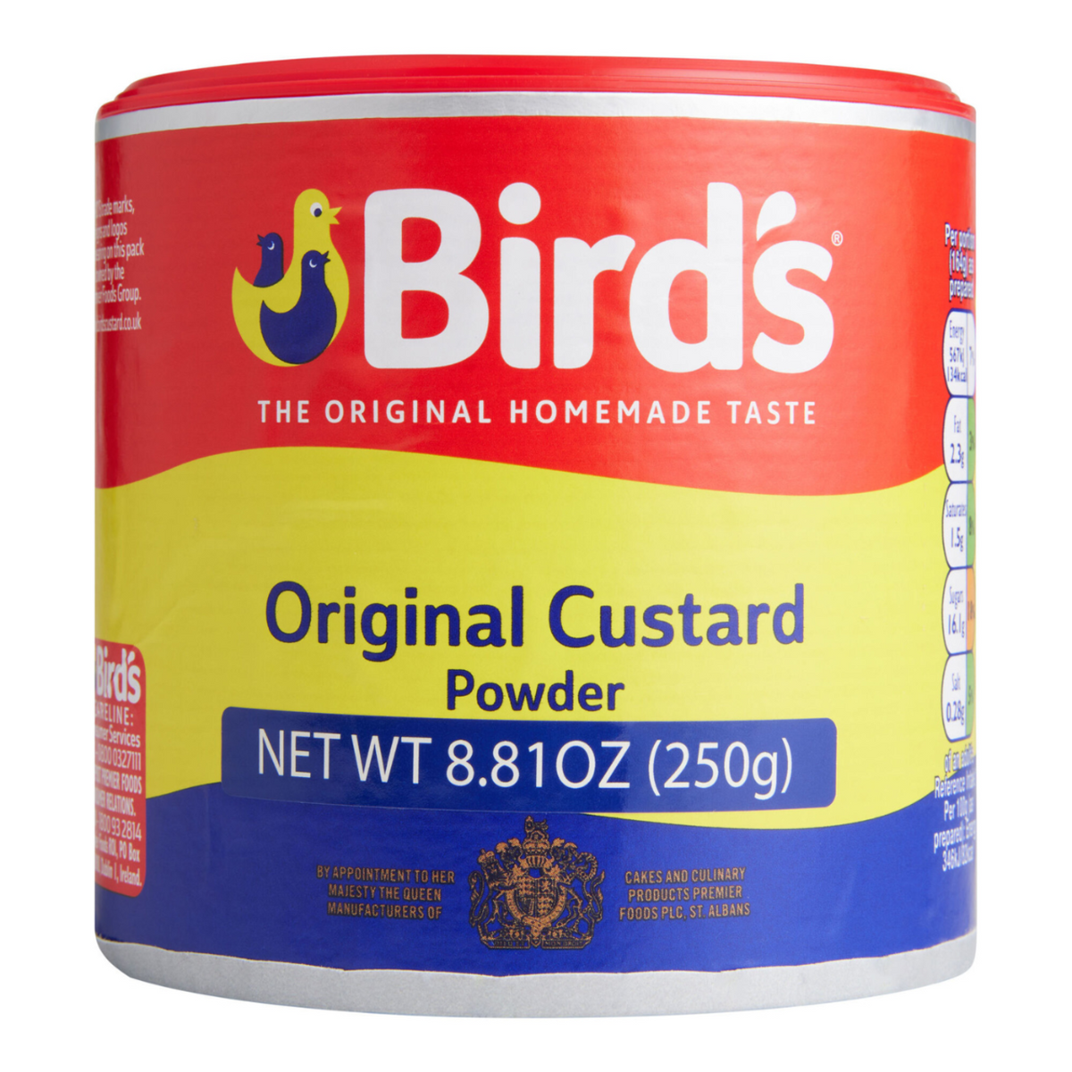 Bird's Original Custard Powder can with red, yellow, and blue design on a white background