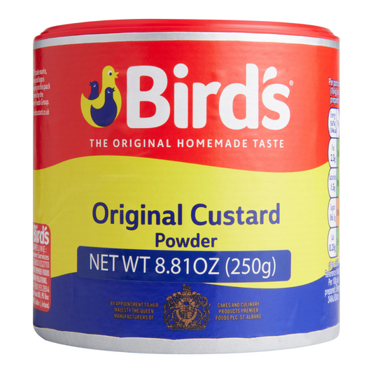 Bird's Original Custard Powder can with red, yellow, and blue design on a white background