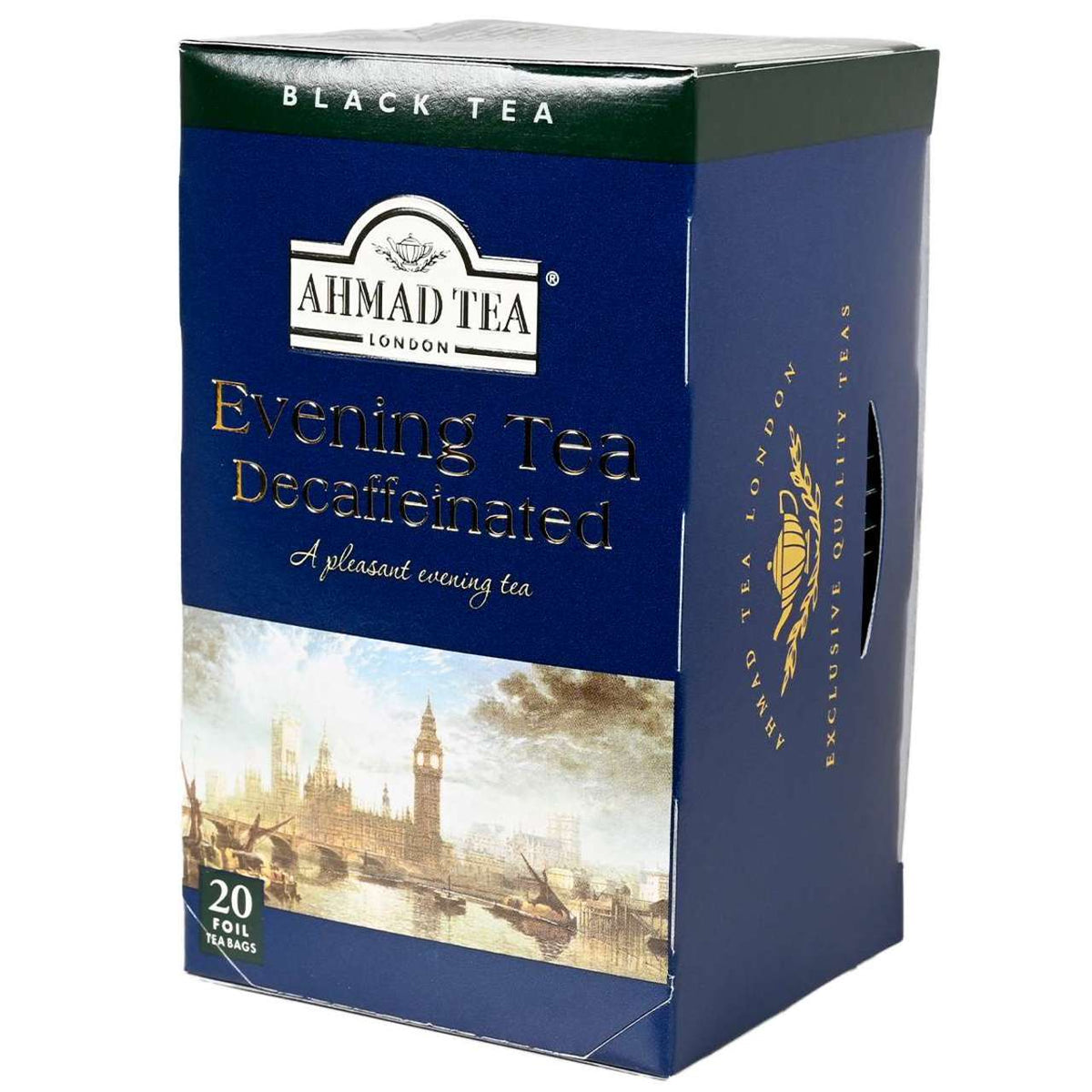 Box of Ahmad Tea London Evening Tea Decaffeinated on a white background
