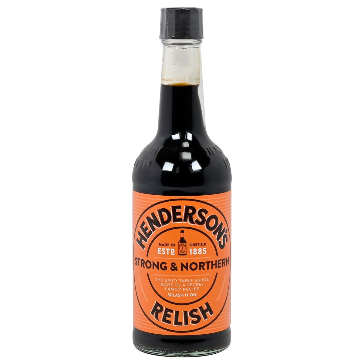 Bottle of Henderson's Strong & Northern Relish on a white background