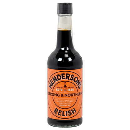 Bottle of Henderson's Strong & Northern Relish on a white background