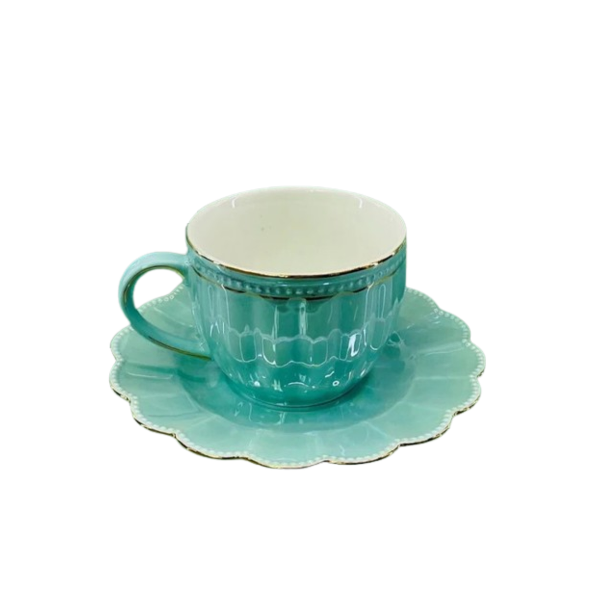Turquoise ceramic cup and saucer on a white background