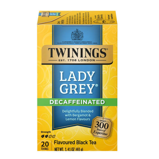 Box of Twinings Lady Grey Decaffeinated tea on a white background