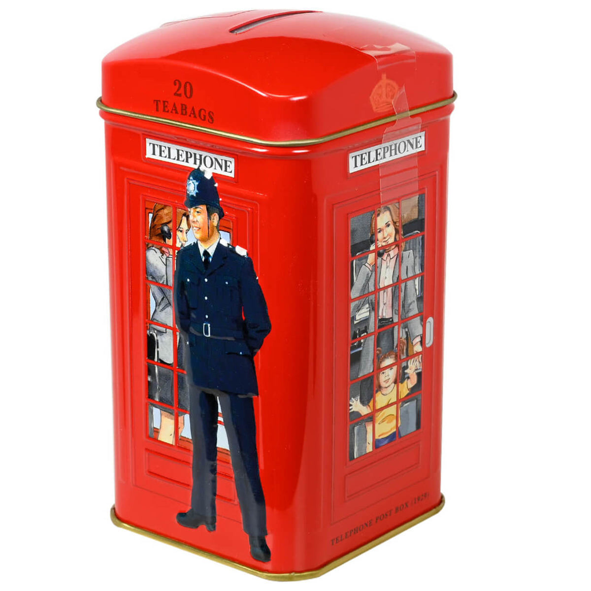 Red tin box with a design of a police officer and red vintage English telephone booth on a white background