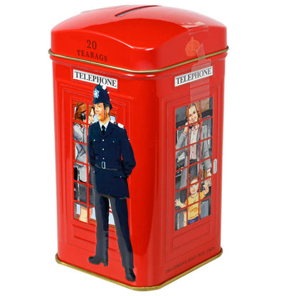 Red tin box with a design of a police officer and red vintage English telephone booth on a white background