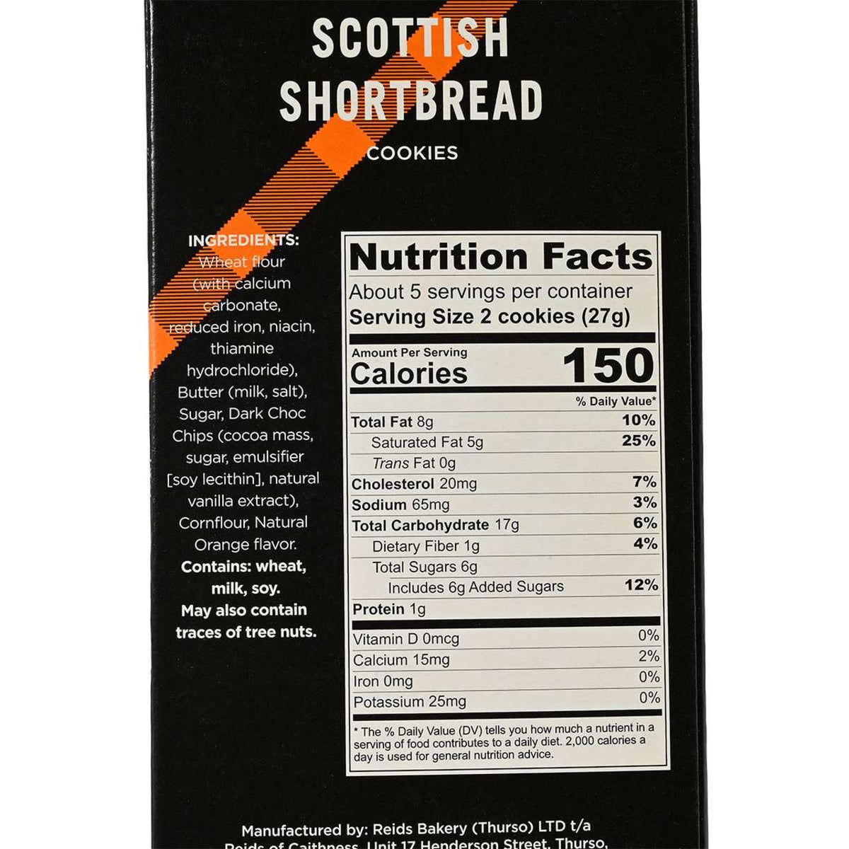 Side of a carton of Reids of Caithness Scottish Shortbread cookies with Chocolate Chunk & Orange flavor.