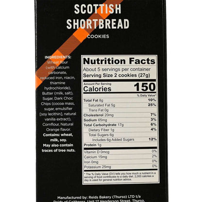 Side of a carton of Reids of Caithness Scottish Shortbread cookies with Chocolate Chunk & Orange flavor.