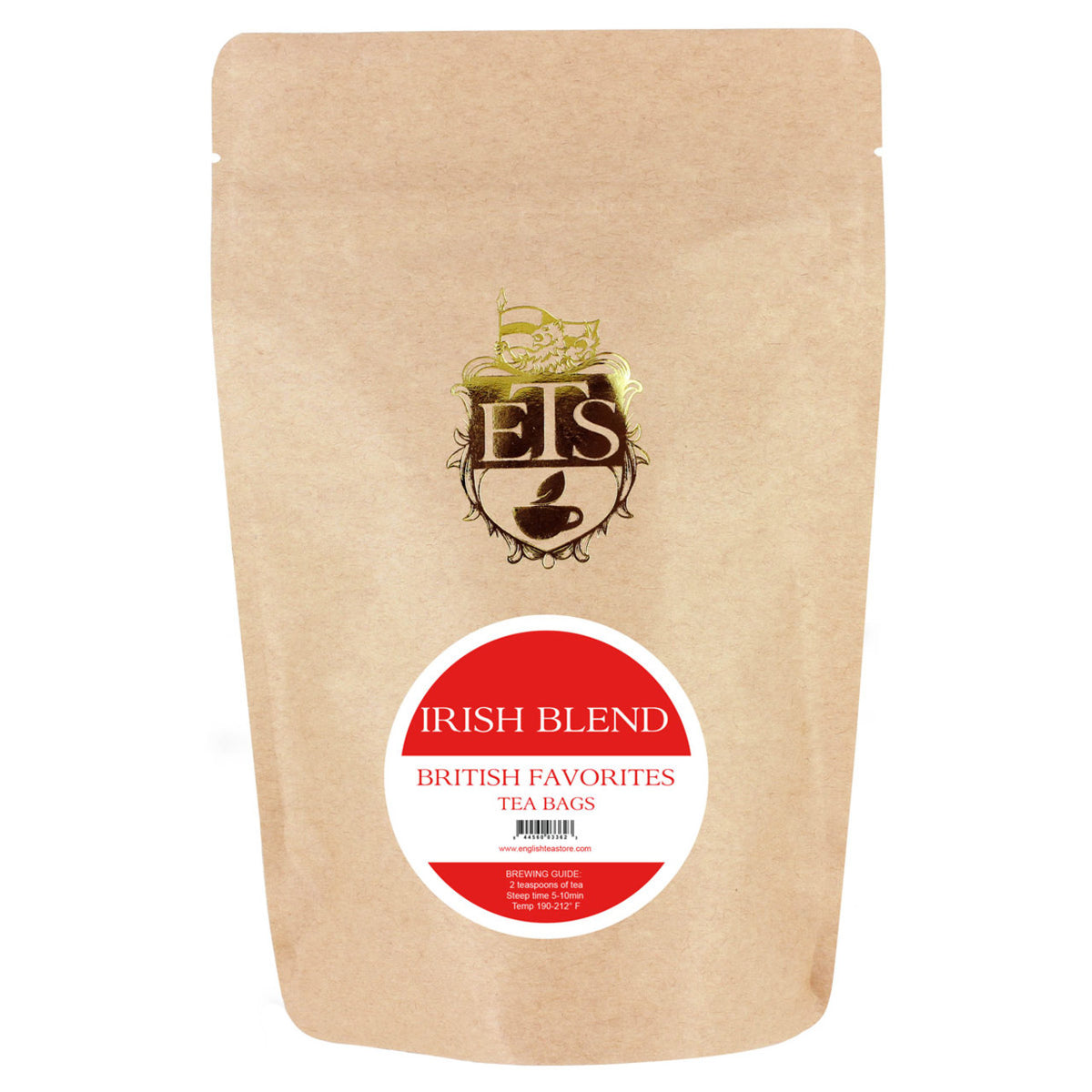 Kraft paper tea bag packaging with a red label on a white background