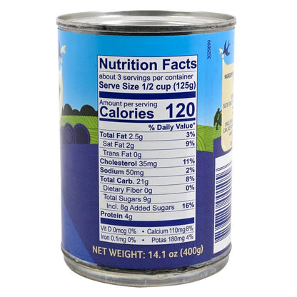 Nutrition facts label on a can of Ambrosia Rice Pudding with blue background.  Can is on a white background.