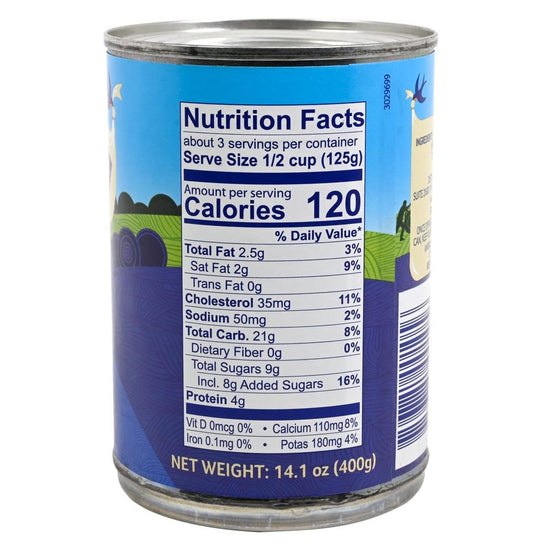 Nutrition facts label on a can of Ambrosia Rice Pudding with blue background.  Can is on a white background.