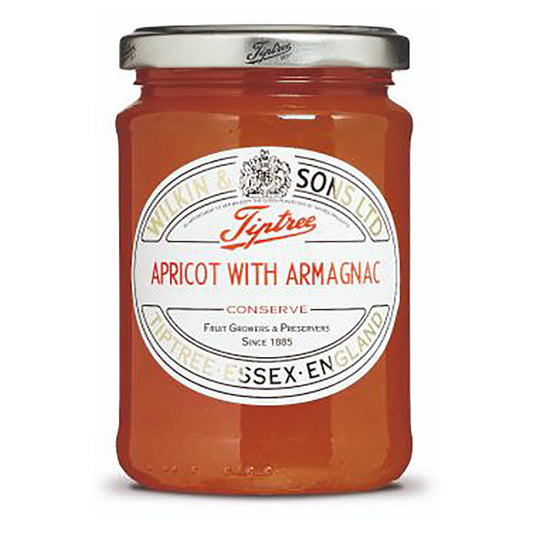 Jar of Tiptree Apricot with Armagnac Conserve on a white background