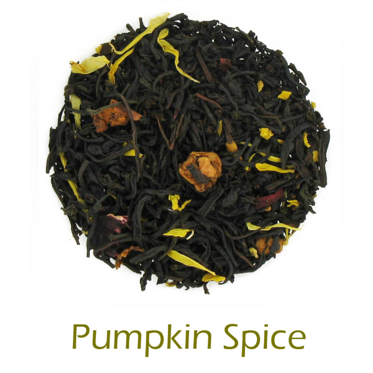 Pumpkin Spice Black loose-leaf tea in a circular pattern on a white background with product name callout at the bottom