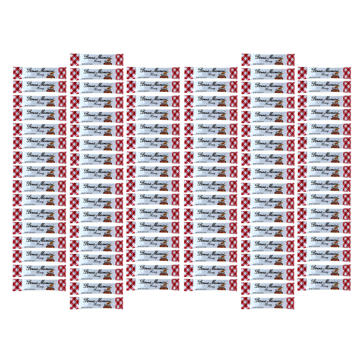 Numerous packets of Bonne Maman honey with a red and white checkered design on the packaging.